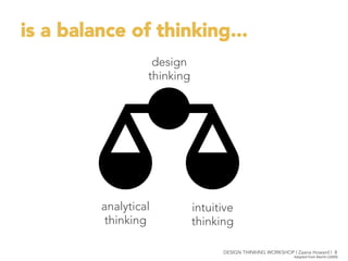 is a balance of thinking...
Adapted	
  from	
  Mar6n	
  (2009)	
  
analytical
thinking
intuitive
thinking
design
thinking
DESIGN THINKING WORKSHOP | Zaana Howard | 8
 