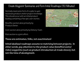 Create Waypoint Summaries and Form Initial Roadmaps (30 Minutes)
Normally need some form of a spike to gain
necessary product and/or project knowledge.
This should occur with an initial product
backlog containing a few epic user stories.

Bene ts section done primarily by
Product Owner.

Cost section done primarily by Delivery Team.

Risk section is a joint eﬀort.

These are estimates, folks, not exactimates!
Initial idealized roadmaps assume no matrixing between projects. In
other words, pay aention to the product value (bene ts/costs/
risks) waypoints (such as product introduction at trade shows), but
not the time of development.
 