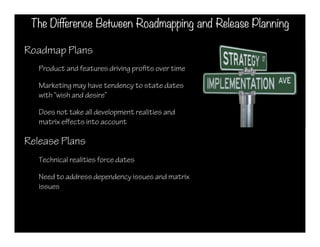 The Difference Between Roadmapping and Release Planning

Roadmap Plans
   Product and features driving pro ts over time

 ...