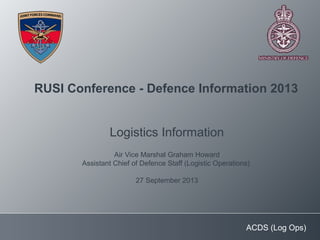 ACDS (Log Ops)
RUSI Conference - Defence Information 2013
Logistics Information
Air Vice Marshal Graham Howard
Assistant Chief of Defence Staff (Logistic Operations)
27 September 2013
 