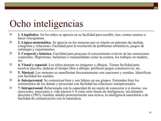 Ocho inteligencias  1. Lingüística . En los niños se aprecia en su facilidad para escribir, leer, contar cuentos o hacer crucigramas.  2. Lógica-matemática . Se aprecia en los menores por su interés en patrones de medida, categorías y relaciones. Facilidad para la resolución de problemas aritméticos, juegos de estrategia y experimentos.  3. Corporal y kinésica . Facilidad para procesar el conocimiento a través de las sensaciones corporales. Deportistas, bailarines o manualidades como la costura, los trabajos en madera, etc.  4. Visual y espacial . Los niños piensan en imágenes y dibujos. Tienen facilidad para resolver puzzles, dedican el tiempo libre a dibujar, prefieren juegos constructivos, etc.  5. Musical.  Los menores se manifiestan frecuentemente con canciones y sonidos. Identifican con facilidad los sonidos.  6. Interpersonal . Se comunican bien y son líderes en sus grupos. Entienden bien los sentimientos de los demás y proyectan con facilidad las relaciones interpersonales.  7. Intrapersonal.  Relacionada con la capacidad de un sujeto de conocerse a sí mismo: sus reacciones, emociones y vida interior.# A estas siete líneas de inteligencia, inicialmente descritas (1983), Gardner añadió posteriormente una octava, la inteligencia naturalista o de facilidad de comunicación con la naturaleza.  