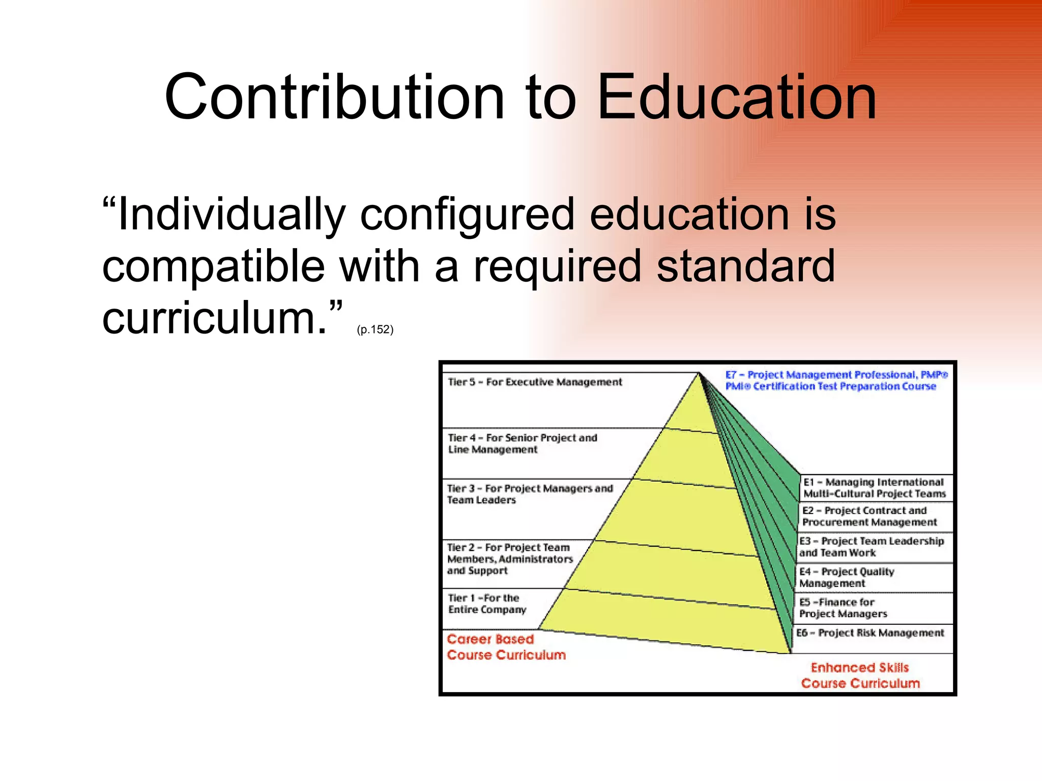 Contribution to Education
“Individually configured education is
compatible with a required standard
curriculum.”(p.152)
 