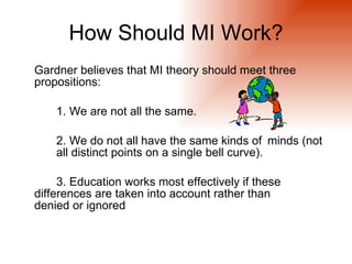How Should MI Work?
Gardner believes that MI theory should meet three
propositions:

    1. We are not all the same.

    2. We do not all have the same kinds of minds (not
    all distinct points on a single bell curve).

     3. Education works most effectively if these
differences are taken into account rather than
denied or ignored
 