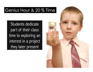 Students dedicate
part of their class
time to exploring an
interest in a project
they later present
Genius Hour & 20 % Time
 