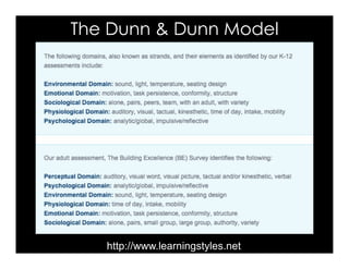 The Dunn & Dunn Model
http://www.learningstyles.net
 