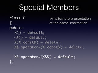 class X	
{	
public:	
!
!
!
!
!
!
};
X() = default;
~X() = default;
X(X const&) = delete;
X& operator=(X const&) = delete;
...