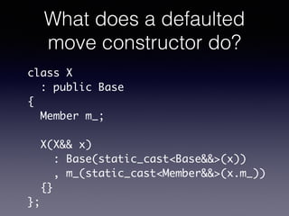 What does a defaulted
move constructor do?
class X	
: public Base	
{	
Member m_;	
!
X(X&& x)	
: Base(static_cast<Base&&>(x...