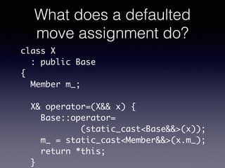 What does a defaulted
move assignment do?
class X	
: public Base	
{	
Member m_;	
!
X& operator=(X&& x) {	
Base::operator=	...