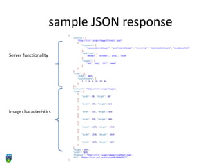 sample JSON response
Server functionality
Image characteristics
 