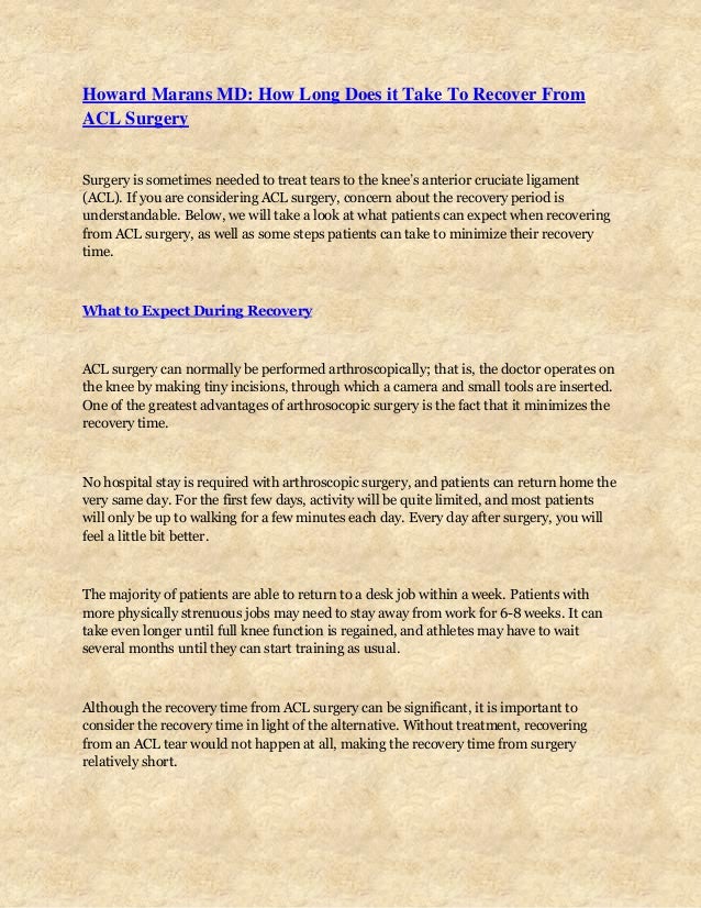 Howard Marans Md How Long Does It Take To Recover From Acl Surgery