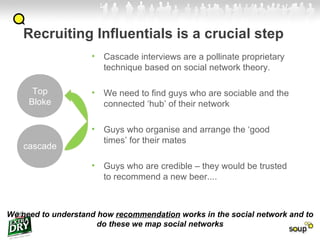 Recruiting Influentials is a crucial step Cascade interviews are a pollinate proprietary technique based on social network theory. We need to find guys who are sociable and the connected ‘hub’ of their network Guys who organise and arrange the ‘good times’ for their mates Guys who are credible – they would be trusted to recommend a new beer.... Top Bloke We need to understand how  recommendation  works in the social network and to do these we map social networks cascade 
