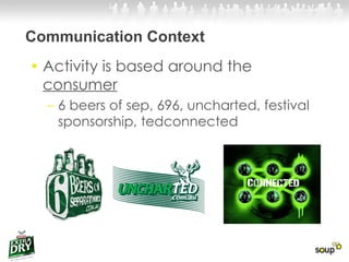 Communication Context Activity is based around the  consumer 6 beers of sep, 696, uncharted, festival sponsorship, tedconnected  