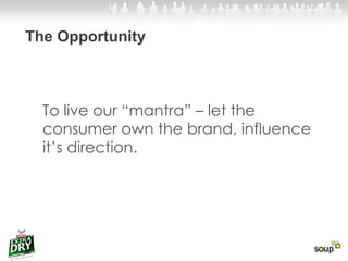 The Opportunity To live our “mantra” – let the consumer own the brand, influence it’s direction. 