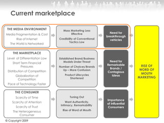 THE MEDIA ENVIRONMENT Media Fragmentation & Cost Rise of Internet The World is Networked Current marketplace THE MARKETPLACE Level  of Differentiation Low Short Term Financial Pressures Distribution of Competition Globalization of Competition Pace of Technology Faster THE CONSUMER Scarcity of Time Scarcity of Attention Scarcity of Trust The Heterogeneous Consumer Mass Marketing Less Effective Credibility of Conventional Tactics Low Established Brand/Business Models Under Threat Number of Choices/Brands Up – More Confusion Product Lifecycles Shortened Tuning Out Want Authenticity, Intimacy, Remarkability  Rise of Word of Mouth Need for breakthrough vehicles Need for Remarkable Brands / Contagious Ideas Importance of Influential Consumers RISE OF WORD OF MOUTH MARKETING © Copyright 2009 