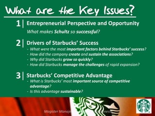 What are the Key Issues?
Entrepreneurial Perspective and Opportunity
Drivers of Starbucks’ Success
Starbucks’ Competitive Advantage
1|
2|
3|
What makes Schultz so successful?
- What were the most important factors behind Starbucks’ success?
- How did the company create and sustain the associations?
- Why did Starbucks grow so quickly?
- How did Starbucks manage the challenges of rapid expansion?
- What is Starbucks’ most important source of competitive
advantage?
- Is this advantage sustainable?
 