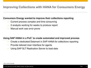 © 2013 SAP AG or an SAP affiliate company. All rights reserved. 18Public
Improving Collections with HANA for Consumers Energy
Consumers Energy wanted to improve their collections reporting
• Current process complex and time consuming
• 2 analysts working for weeks to produce report
• Manual work was error prone
Using SAP HANA in a PoC* to create automated and improved process
• Create a dedicated Datamart in SAP HANA for collections reporting
• Provide tailored User Interface for agents
• Using SAP SLT Replication Server to load data
*PoC: Proof of Concept
 