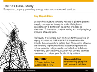 © 2013 SAP AG or an SAP affiliate company. All rights reserved. 21Public
Key Capabilities
Energy infrastructure company needed to perform pipeline
integrity management analysis to identify high-risk
transportation & distribution pipes that are close to
structures. This required pre-processing and analyzing huge
amounts of spatial data.
Previously, it took more than 3.5 hours for this analysis on
legacy architecture. SAP HANA PoC implementation
brought the compute time to less than 2.5 seconds allowing
the company to perform ad-hoc asset management and
reduce potential outages and avoid catastrophic failures.
Additionally, geospatial visualization was used to estimate
maintenance cost per year for electricity stations.
84,000x
3.5hours to less than
2.5seconds in PoC
New capabilities
by combining geospatial
with transactional data
Utilities Case Study
European company providing energy infrastructure related services
 