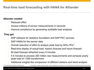 © 2013 SAP AG or an SAP affiliate company. All rights reserved. 7Public
Real-time load forecasting with HANA for Alliander
Alliander needed
• Reduced effort
• Access millions of sensor measurements in seconds
• Improve compliance by generating auditable load analyses
They got
• SAP software for statistics foundation and SAP PIO* services
• SAP HANA for the sensor data
• Overall reduction of effort to analyze peak load by 65%-75%**
• Real-time display of actual load, historic forecast and future forecast
• 6h load forecast refreshed every 5 minutes
• 4.5 minutes to process 200 million raw measurements and compute yearly
peak load of 1,000 transformers
• Additional insights like comparison of different stations and trend analysis
**Compared to a legacy analysis system, which is basically a combination of an Oracle DB with an MS Access DB and VBA scripts*PIO: Performance Insight and Optimization
 