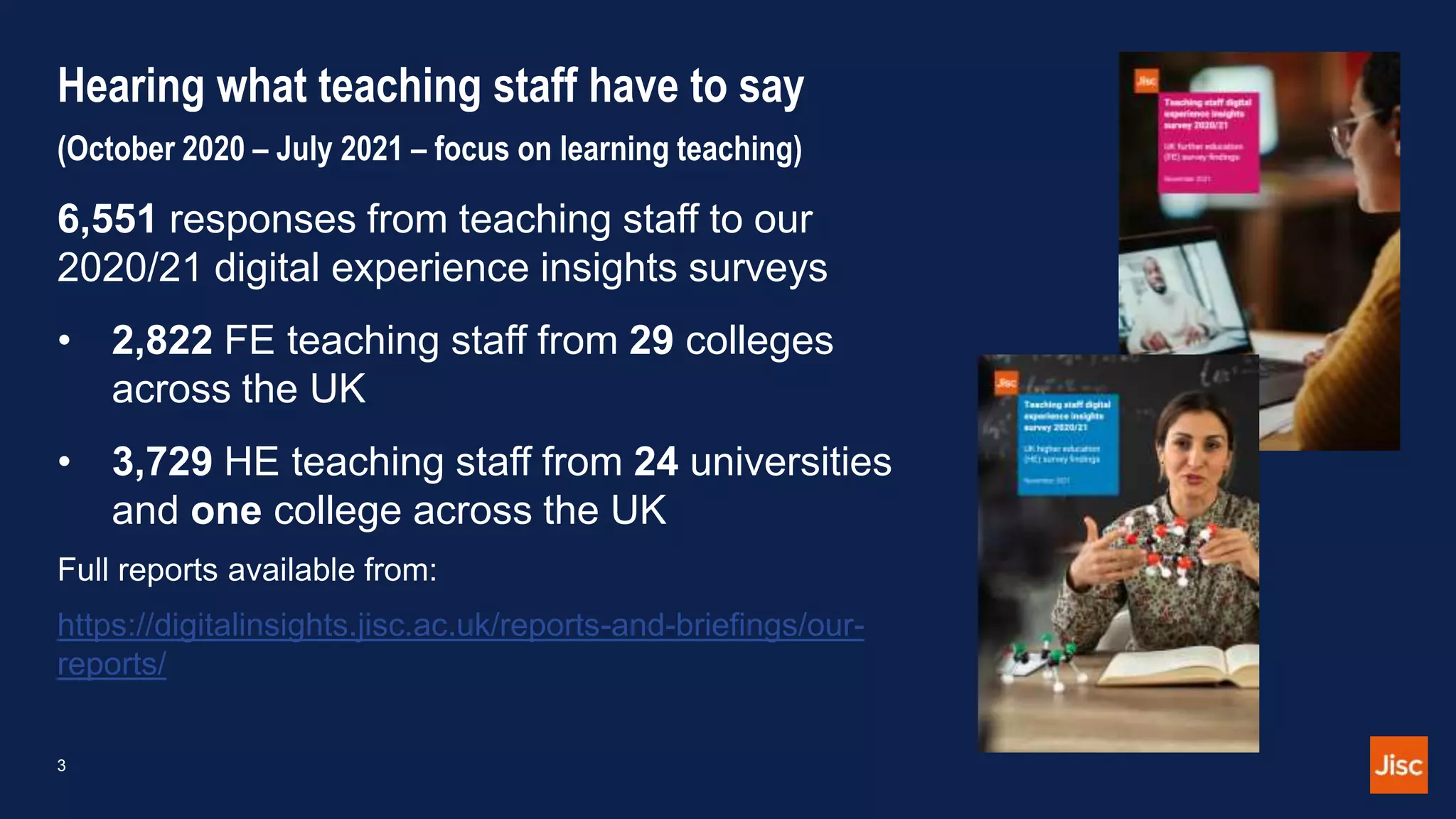 Hearing what teaching staff have to say
(October 2020 – July 2021 – focus on learning teaching)
6,551 responses from teaching staff to our
2020/21 digital experience insights surveys
• 2,822 FE teaching staff from 29 colleges
across the UK
• 3,729 HE teaching staff from 24 universities
and one college across the UK
Full reports available from:
https://digitalinsights.jisc.ac.uk/reports-and-briefings/our-
reports/
3
 
