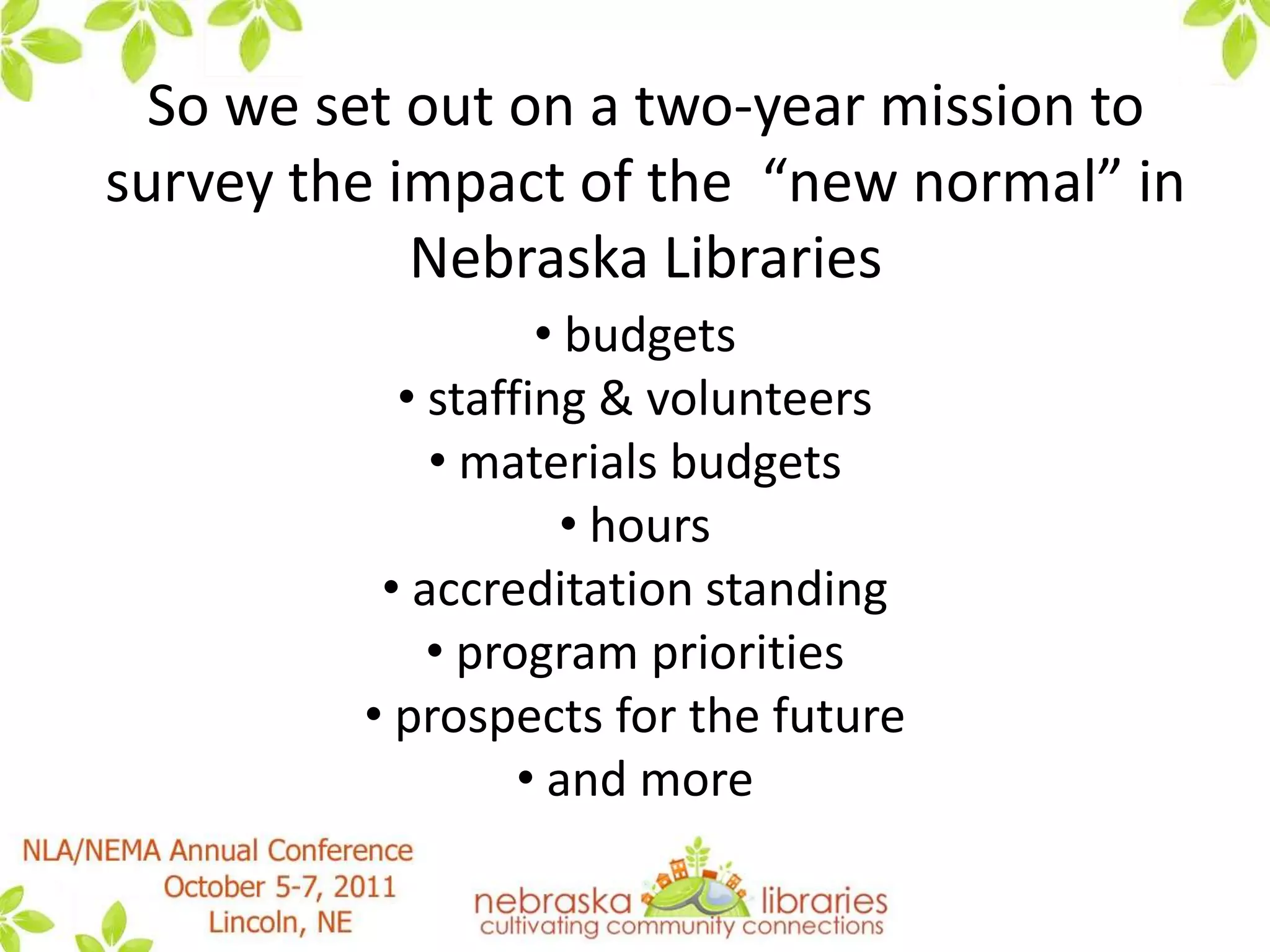 And …Just for NE public libraries, comparing 2009-10 materials expenditures to the previous year:11+% lower = 416-10% lower = 241-5% lower = 31Same = 1555% lower or same1-5% higher = 276-10% higher = 2211+% higher = 52Just a quick look at data from http://www.nlc.nebraska.gov/stats/ - comparing only those libraries having stats for both years