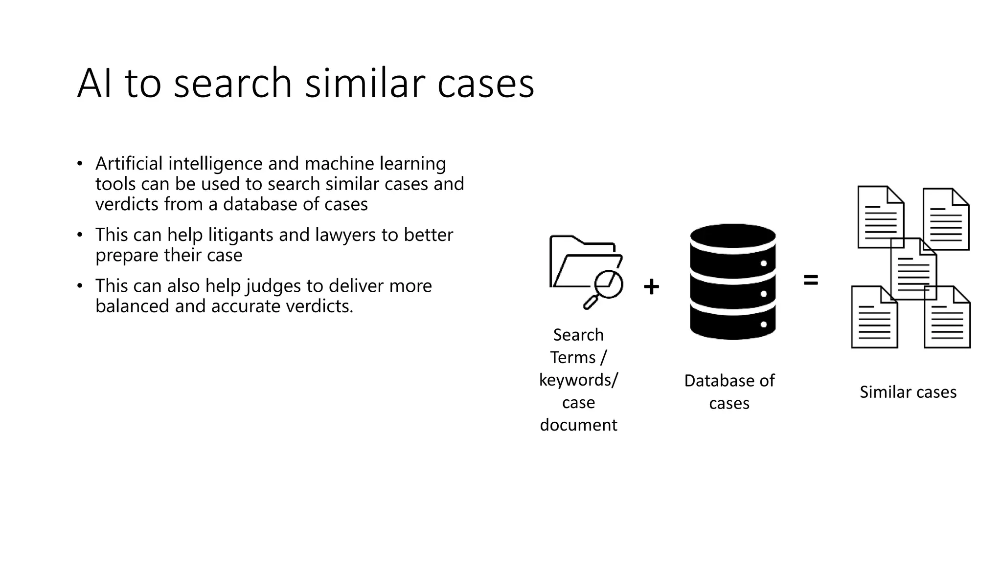 AI to search similar cases
• Artificial intelligence and machine learning
tools can be used to search similar cases and
verdicts from a database of cases
• This can help litigants and lawyers to better
prepare their case
• This can also help judges to deliver more
balanced and accurate verdicts.
+
Search
Terms /
keywords/
case
document
=
Database of
cases
Similar cases
 