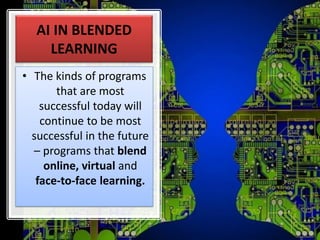 AI IN BLENDED
LEARNING
• The kinds of programs
that are most
successful today will
continue to be most
successful in the future
– programs that blend
online, virtual and
face-to-face learning.
 