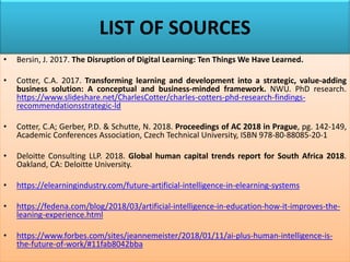 LIST OF SOURCES
• Bersin, J. 2017. The Disruption of Digital Learning: Ten Things We Have Learned.
• Cotter, C.A. 2017. Transforming learning and development into a strategic, value-adding
business solution: A conceptual and business-minded framework. NWU. PhD research.
https://www.slideshare.net/CharlesCotter/charles-cotters-phd-research-findings-
recommendationsstrategic-ld
• Cotter, C.A; Gerber, P.D. & Schutte, N. 2018. Proceedings of AC 2018 in Prague, pg. 142-149,
Academic Conferences Association, Czech Technical University, ISBN 978-80-88085-20-1
• Deloitte Consulting LLP. 2018. Global human capital trends report for South Africa 2018.
Oakland, CA: Deloitte University.
• https://elearningindustry.com/future-artificial-intelligence-in-elearning-systems
• https://fedena.com/blog/2018/03/artificial-intelligence-in-education-how-it-improves-the-
leaning-experience.html
• https://www.forbes.com/sites/jeannemeister/2018/01/11/ai-plus-human-intelligence-is-
the-future-of-work/#11fab8042bba
 
