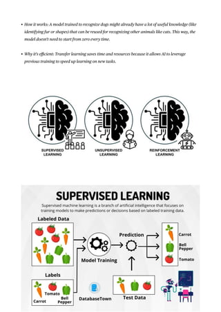 • How it works: A model trained to recognize dogs might already have a lot of useful knowledge (like
identifying fur or shapes) that can be reused for recognizing other animals like cats. This way, the
model doesn’t need to start from zero every time.
• Why it’s e
ffi
cient: Transfer learning saves time and resources because it allows AI to leverage
previous training to speed up learning on new tasks.
 