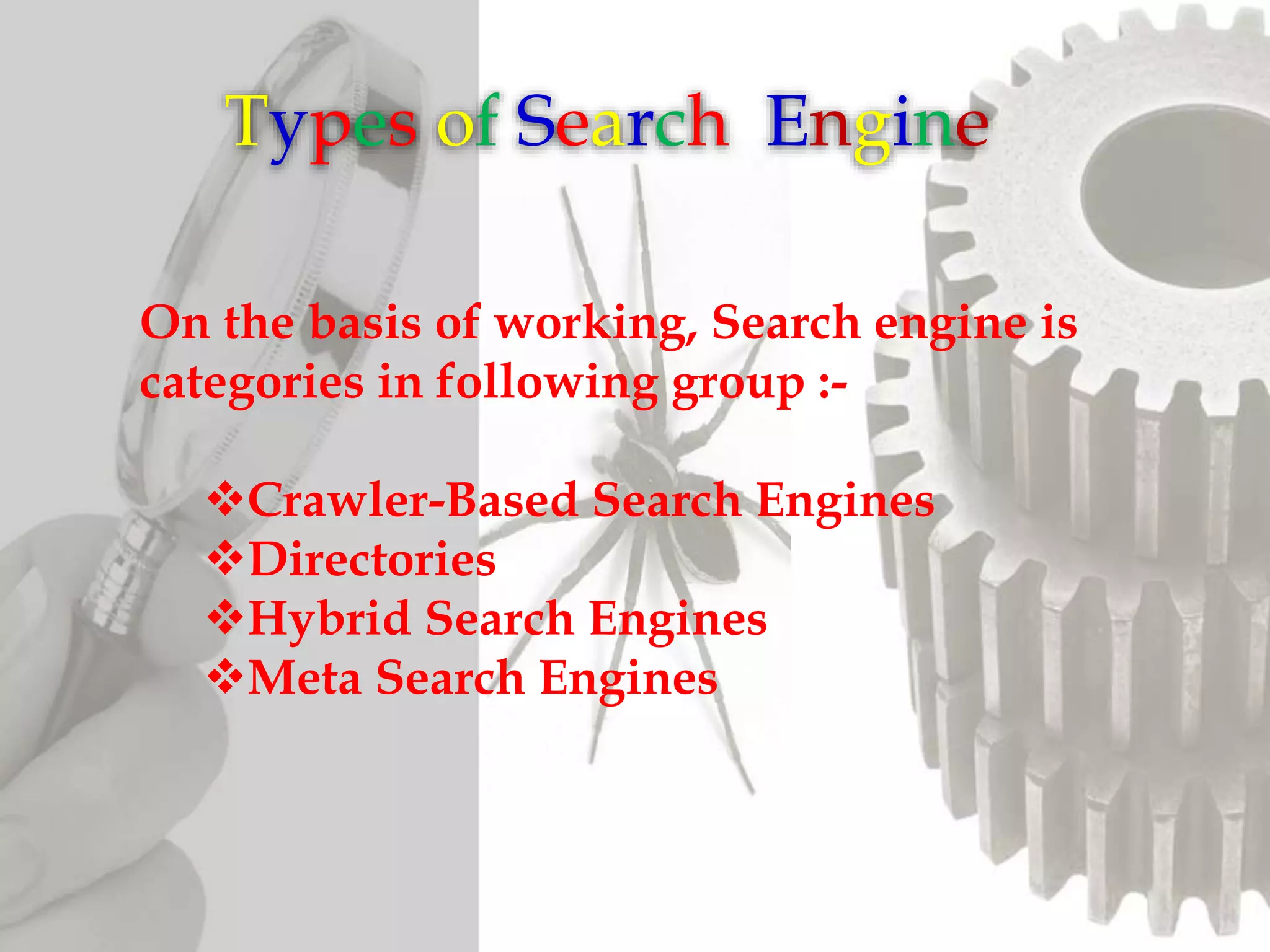 Types of Search Engine
On the basis of working, Search engine is
categories in following group :-
Crawler-Based Search Engines
Directories
Hybrid Search Engines
Meta Search Engines
 