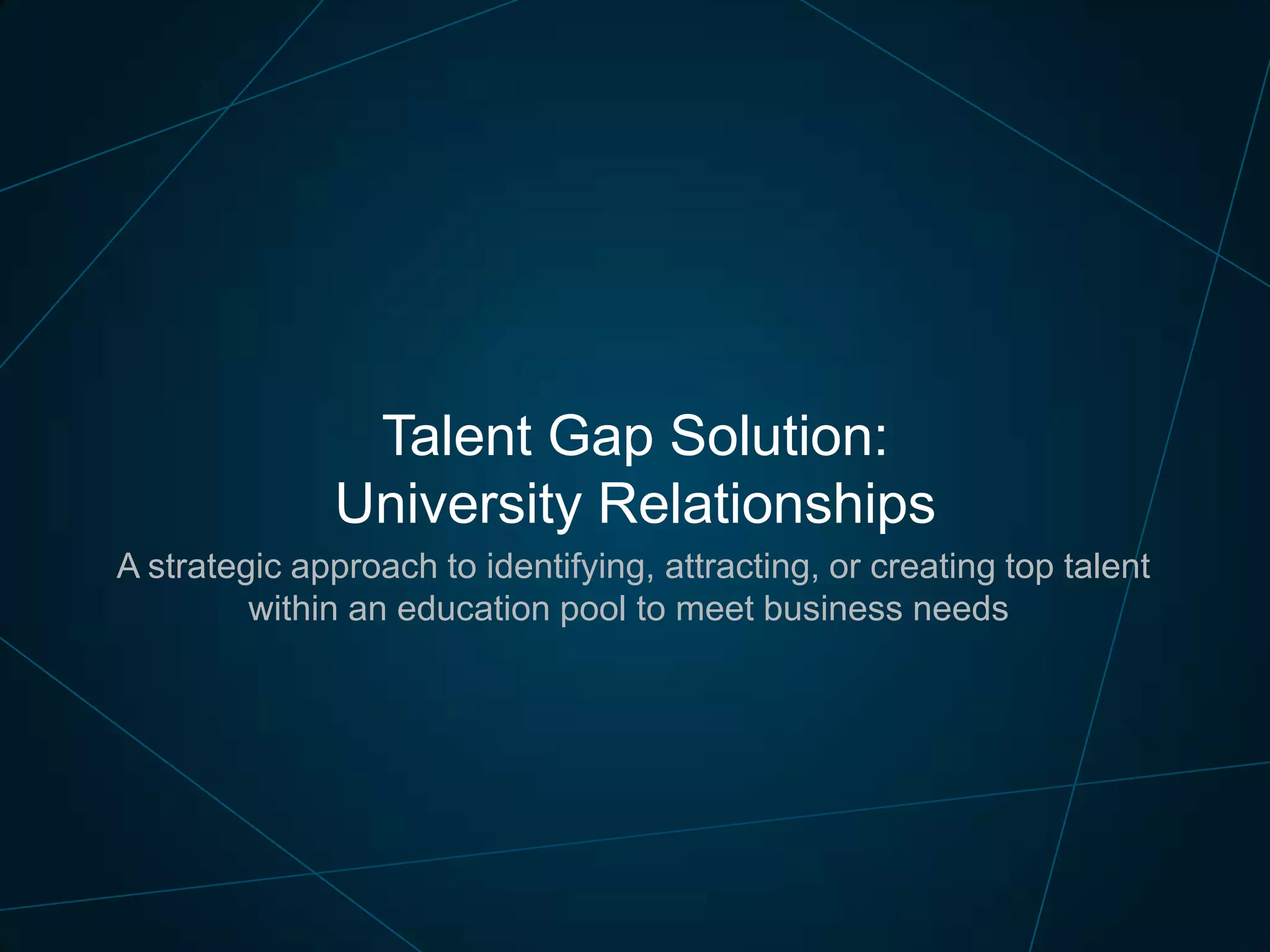 Talent Gap Solution:
University Relationships
A strategic approach to identifying, attracting, or creating top talent
within an education pool to meet business needs

 