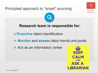 Principled approach to “smart” sourcing

Research team is responsible for:
Proactive talent identification

 Monitor and assess labor trends and pools
 Act as an information center

1
Proactive
Sourcing

 