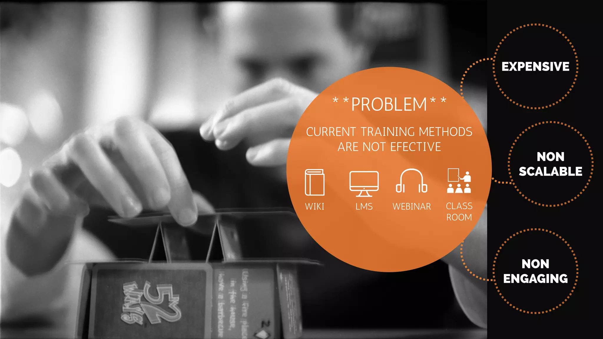 EXPENSIVE
NON
SCALABLE
NON
ENGAGING
**PROBLEM**
WIKI LMS WEBINAR CLASS
ROOM
CURRENT TRAINING METHODS
ARE NOT EFECTIVE
 