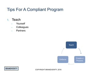 COPYRIGHT BRANDVERITY, 2016
Tips For A Compliant Program
1. Teach
– Yourself
– Colleagues
– Partners
Teach
Create a
Process
Enforce
 