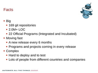 Facts
 Big
 169 git repositories
 2.0M+ LOC
 22 Official Programs (Integrated and Incubated)
 Moving fast
 A new release every 6 months
 Programs and projects coming in every release
 Complex
 Hard to deploy and to test
 Lots of people from different countries and companies
 