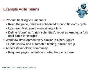 Example Agile Teams
 Product backlog vs Blueprints
 Keep the pace, releases scheduled around 6months cycle
 Upstream first, avoid maintaining a fork
 Define “done” as “patch submitted”, requires keeping a fork
until patch is “merged”
 Workflow development very similar to OpenStack's
 Code review and automated testing, similar setup
 Added stakeholder: community
 Requires paying attention to what happens there
 
