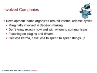 Involved Companies
 Development teams organized around internal release cycles
 Marginally involved in decision making
 Don't know exactly how and with whom to communicate
 Focusing on plugins and drivers
 Get less karma, have less to spend to speed things up
 