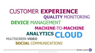 CUSTOMER EXPERIENCE
                                   QUALITY MONITORING
  DEVICE MANAGEMENT
               MACHINE-TO-MACHINE
           ANALYTICS
MULTISCREEN VIDEO
                                                                  CLOUD
     SOCIAL COMMUNICATIONS
                                             17
                    COPYRIGHT © 2012 ALCATEL-LUCENT. ALL RIGHTS RESERVED.
 