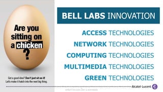 BELL LABS INNOVATION

                           ACCESS TECHNOLOGIES
             NETWORK TECHNOLOGIES
  COMPUTING TECHNOLOGIES
MULTIMEDIA TECHNOLOGIES
                               GREEN TECHNOLOGIES
                         21
COPYRIGHT © 2012 ALCATEL-LUCENT. ALL RIGHTS RESERVED.
 