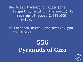 The Great Pyramid of Giza (the
largest pyramid in the world) is
made up of about 2,300,000
bricks.
If Facebook users were bricks, you
could make
556
Pyramids of Giza
 