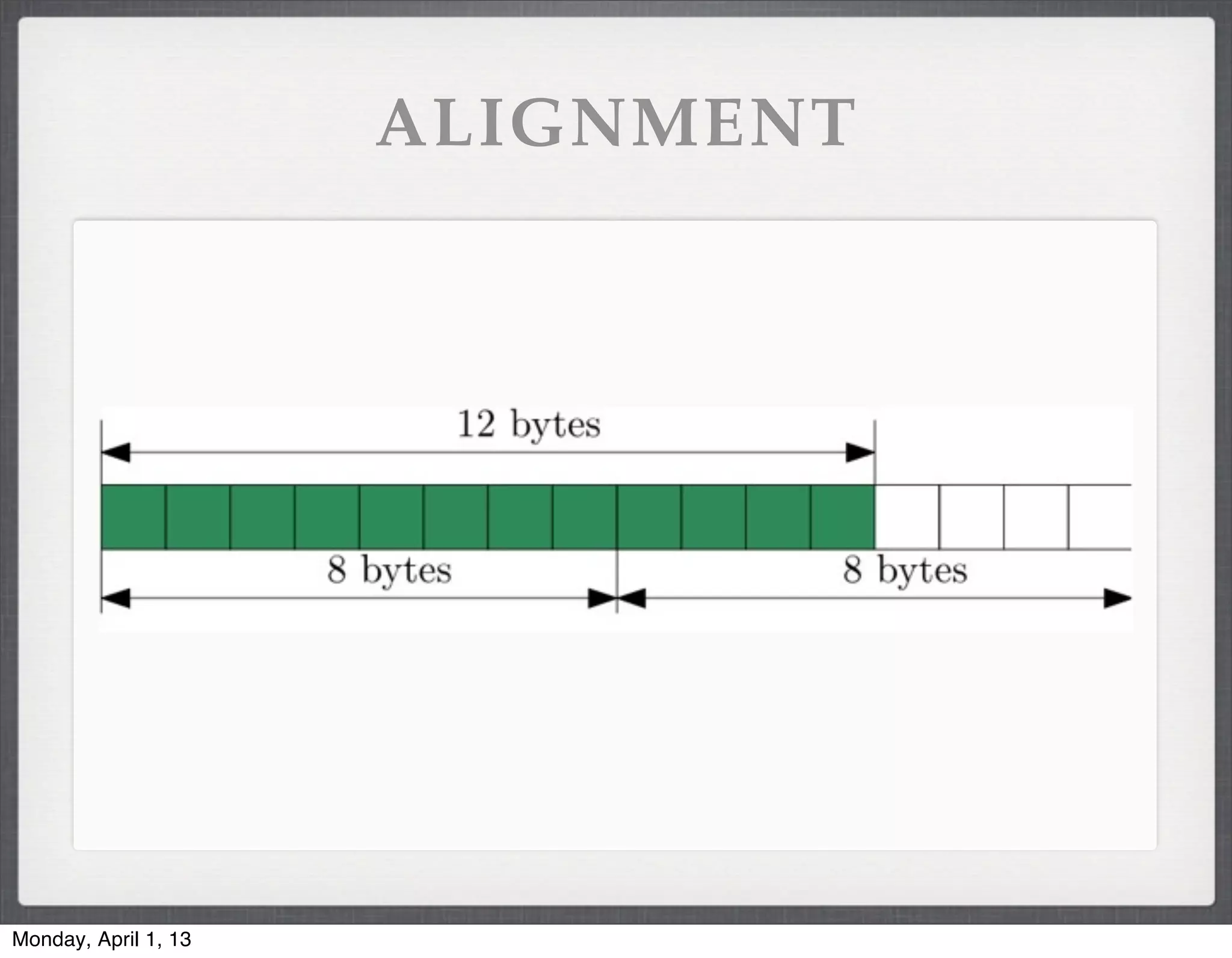 ALIGNMENT




              8 byte alignment




Monday, April 1, 13
 