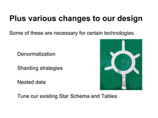 Plus various changes to our design
Some of these are necessary for certain technologies.
Denormalization
Sharding strategies
Nested data
Tune our existing Star Schema and Tables
 