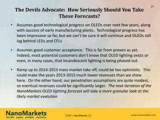 21
         The Devils Advocate: How Seriously Should You Take
                          These Forecasts?
     • Assumes good technological progress on OLEDs over next few years, along
       with success of early manufacturing plants. Technological progress has
       been impressive so far, but we can’t be sure it will continue and OLEDs still
       lag behind LEDs and CFLs

     • Assumes good customer acceptance. This is far from proven as yet.
       Indeed, most potential customers don’t know that OLED lighting exists or
       even, in many cases, that incandescent lighting is being phased out

     • Ramp up to 2014-2015 mass market take off, could be too optimistic. This
       could make the years 2013-2015 much lower revenues than we show
       here. On the other hand, our penetration assumptions are quite modest,
       so eventual revenues could be significantly larger. The next iteration of the
       NanoMarkets OLED lighting forecast will take a more granular look at the
       likely market evolution


NanoMarkets
thin film l organic l printable l electronics
                                                © 2011, NanoMarkets, LC   www.nanomarkets.net
 