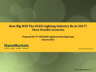 How Big Will The OLED Lighting Industry Be in 2017?
                                                Three Possible Scenarios

                                 Prepared for 3rd LED/OLED Lighting Technology Expo
                                                    January 2011

NanoMarkets
thin film l organic l printable l electronics                                             www.nanomarkets.net




                                                                                      © 2011NanoMarkets, LC
 