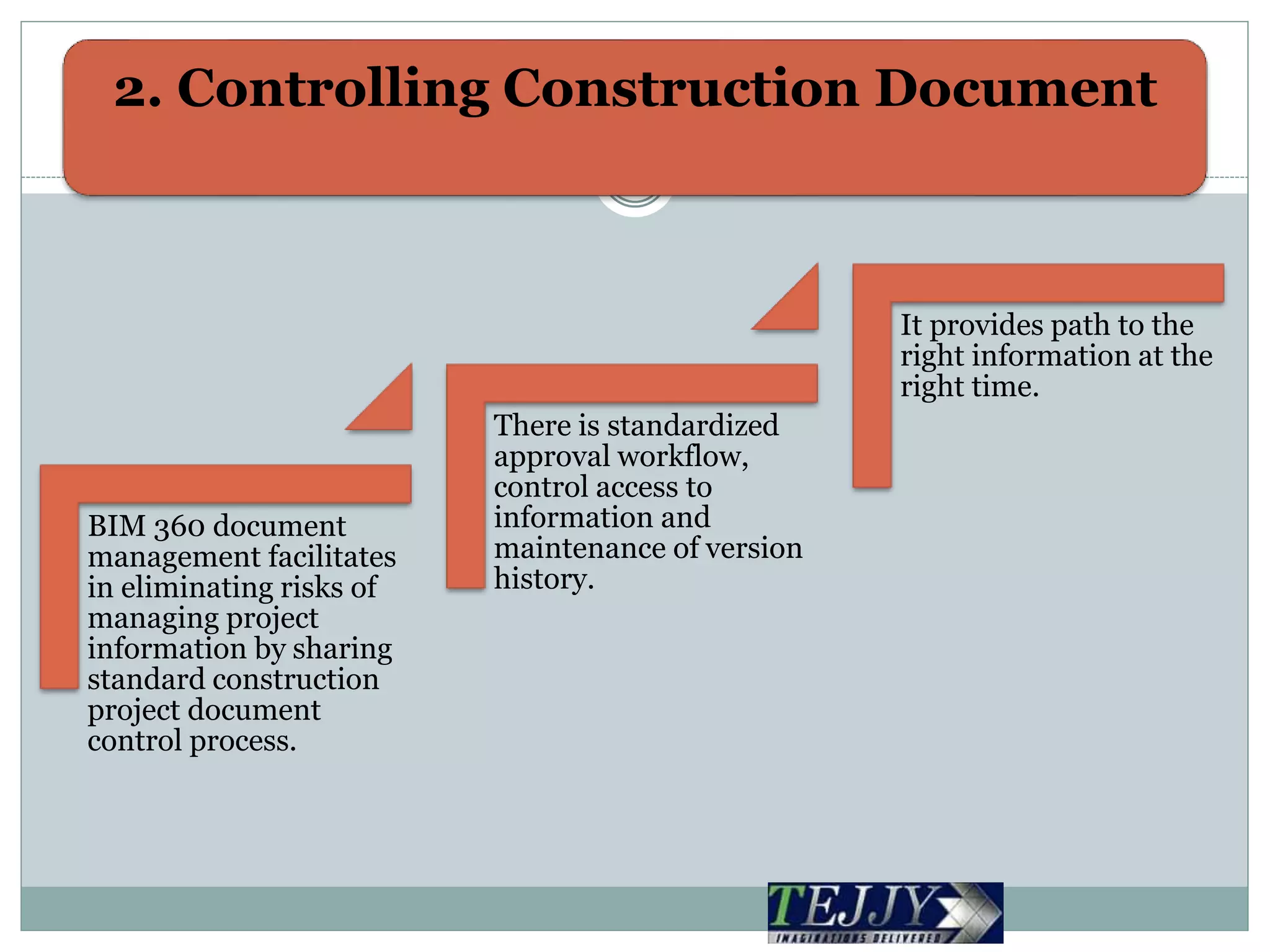 2. Controlling Construction Document
BIM 360 document
management facilitates
in eliminating risks of
managing project
information by sharing
standard construction
project document
control process.
There is standardized
approval workflow,
control access to
information and
maintenance of version
history.
It provides path to the
right information at the
right time.
 