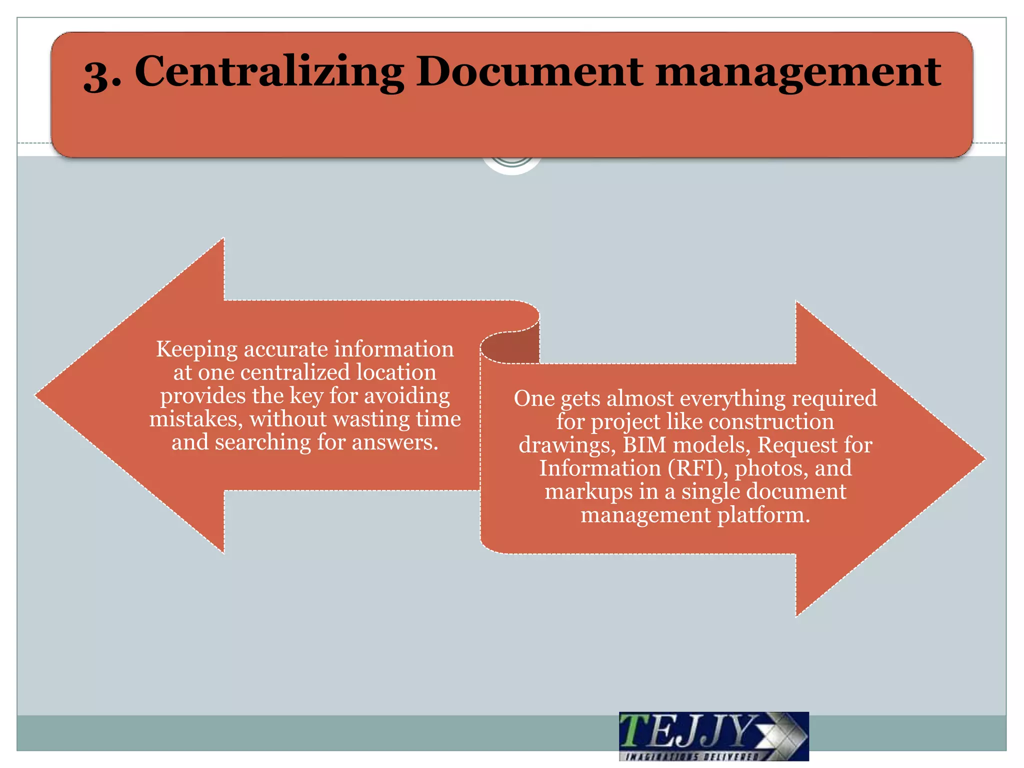 3. Centralizing Document management
Keeping accurate information
at one centralized location
provides the key for avoiding
mistakes, without wasting time
and searching for answers.
One gets almost everything required
for project like construction
drawings, BIM models, Request for
Information (RFI), photos, and
markups in a single document
management platform.
 
