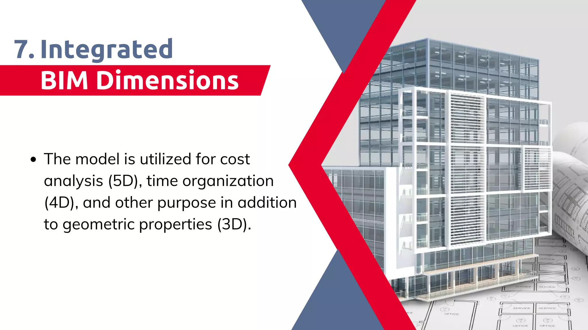Integrated
BIM Dimensions​
7.
The model is utilized for cost
analysis (5D), time organization
(4D), and other purpose in addition
to geometric properties (3D).
 
