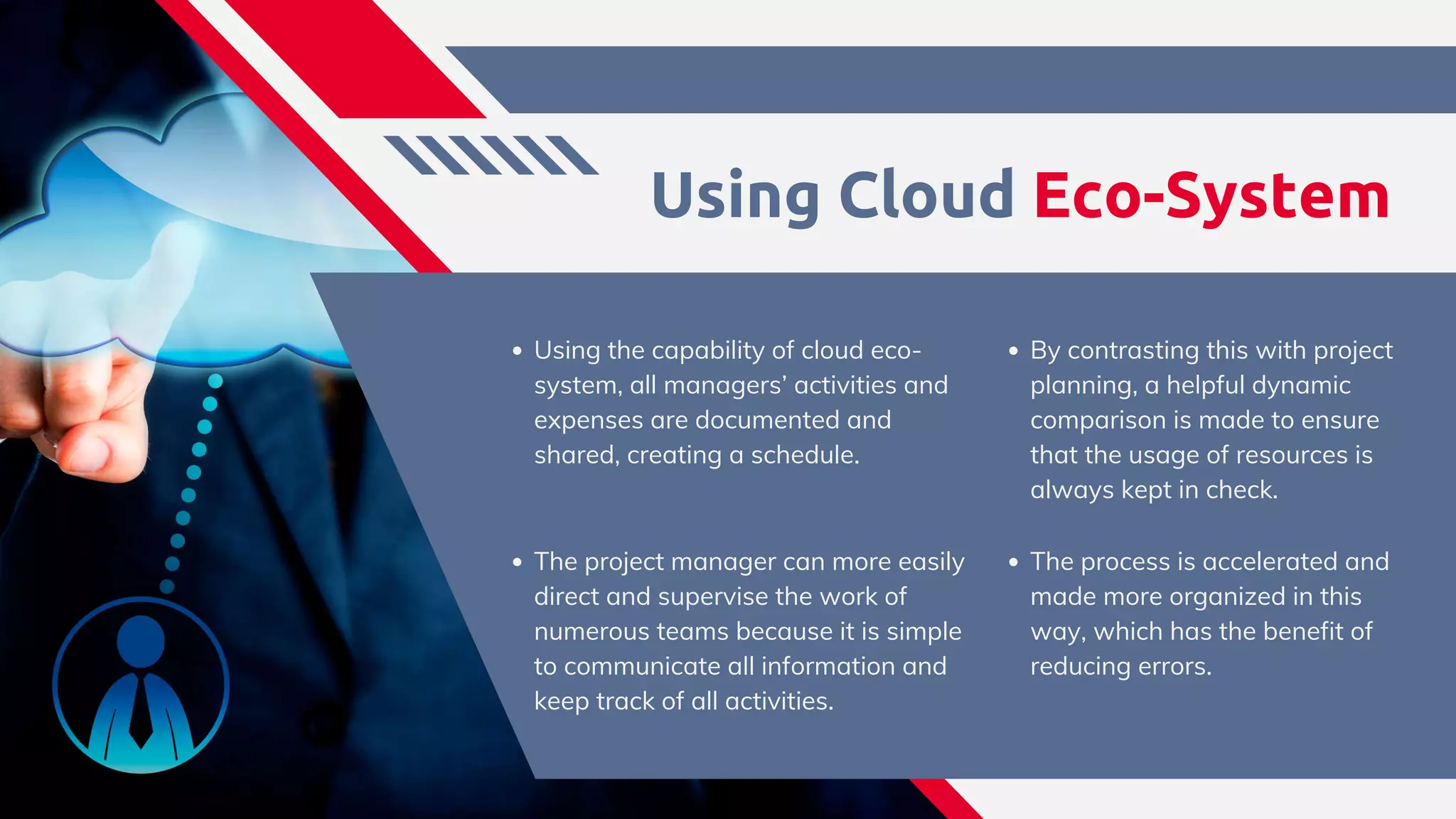 Using Cloud Eco-System​
The process is accelerated and
made more organized in this
way, which has the benefit of
reducing errors.​
The project manager can more easily
direct and supervise the work of
numerous teams because it is simple
to communicate all information and
keep track of all activities. ​
Using the capability of cloud eco-
system, all managers’ activities and
expenses are documented and
shared, creating a schedule.
By contrasting this with project
planning, a helpful dynamic
comparison is made to ensure
that the usage of resources is
always kept in check.​
 