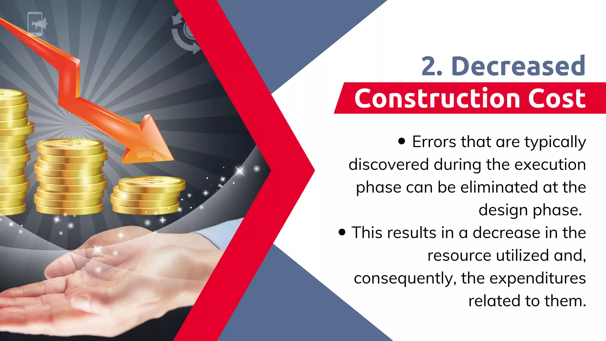 Errors that are typically
discovered during the execution
phase can be eliminated at the
design phase. ​
This results in a decrease in the
resource utilized and,
consequently, the expenditures
related to them.​
Decreased
Construction Cost​
2.
 