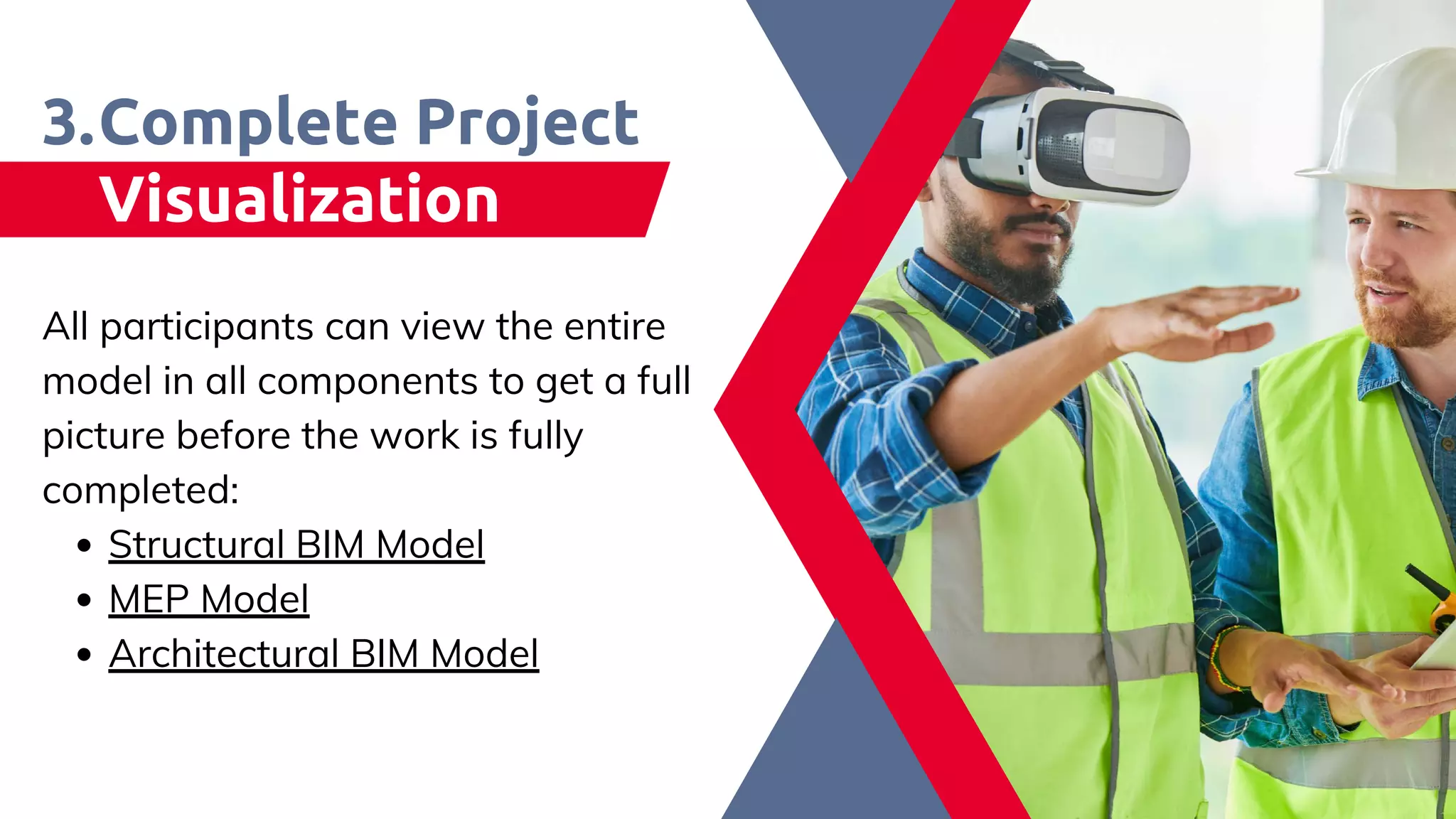 Complete Project
Visualization​
3.
Structural​BIM Model
MEP​Model
Architectural​BIM Model
All participants can view the entire
model in all components to get a full
picture before the work is fully
completed:​
 