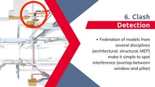 Federation of models from
several disciplines
(architectural, structural, MEP)
make it simple to spot
interference (overlap between
window and pillar)
Clash
Detection​
6.
 